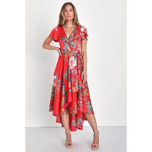 Lulus Red Floral Satin Dress